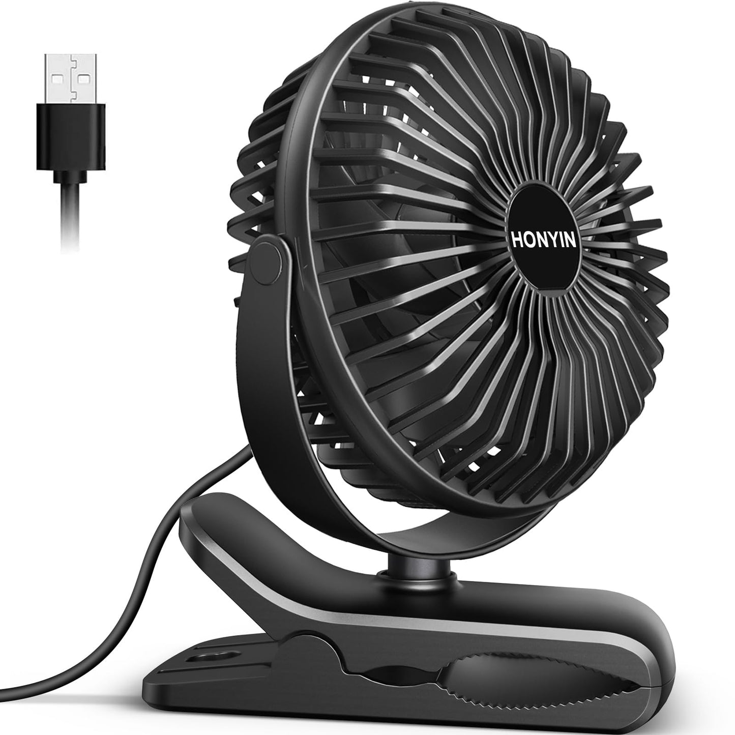 HONYIN Mini USB Clip Fan, Clip and Desk Personal Fan with Sturdy Clamp, 720? Rotation, 3 Speeds Cooling Wind by USB Plug In, for Home, Office and Desk