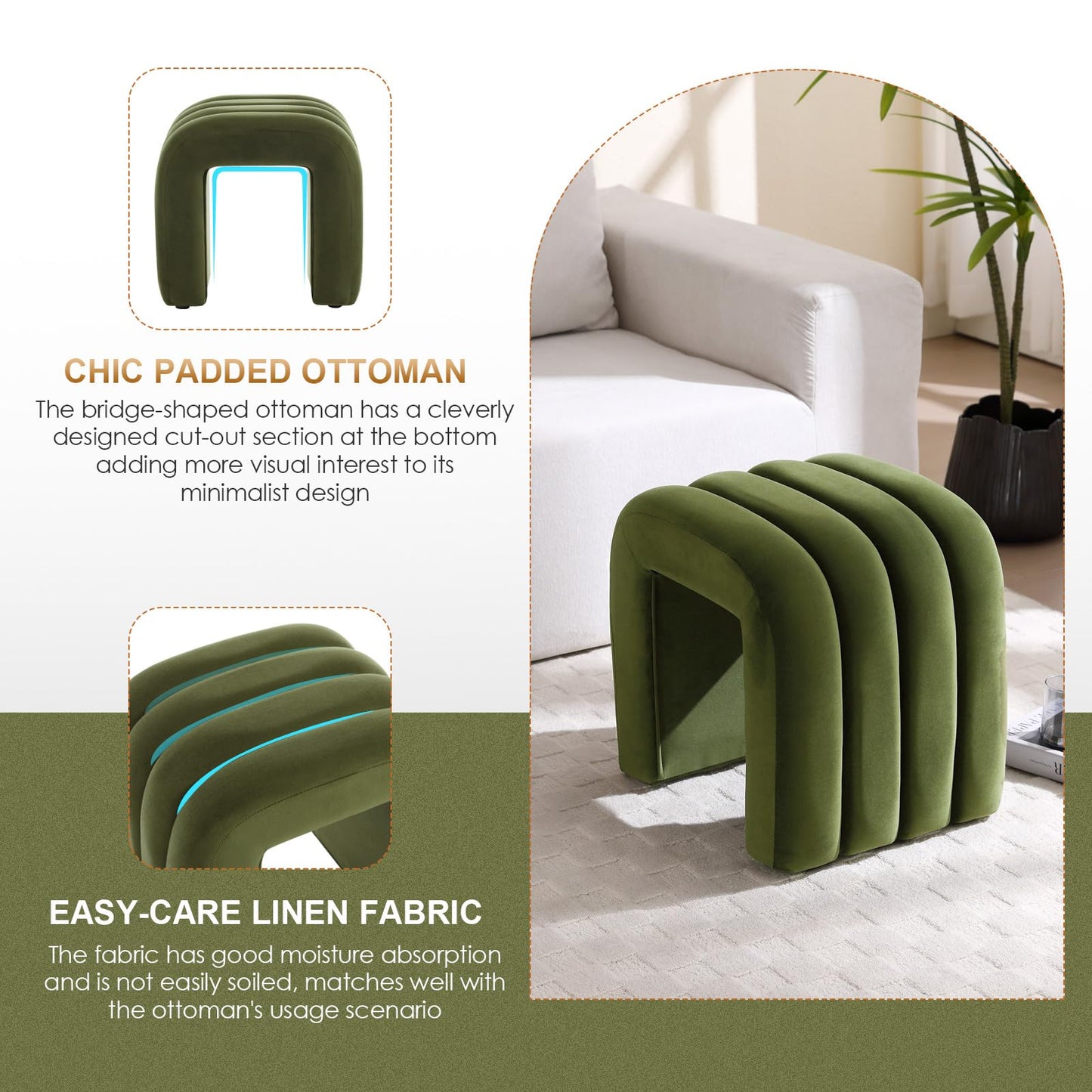 Zesthouse Arched Ottoman Foot Stool, U-shape Pouffe Footstool, Green