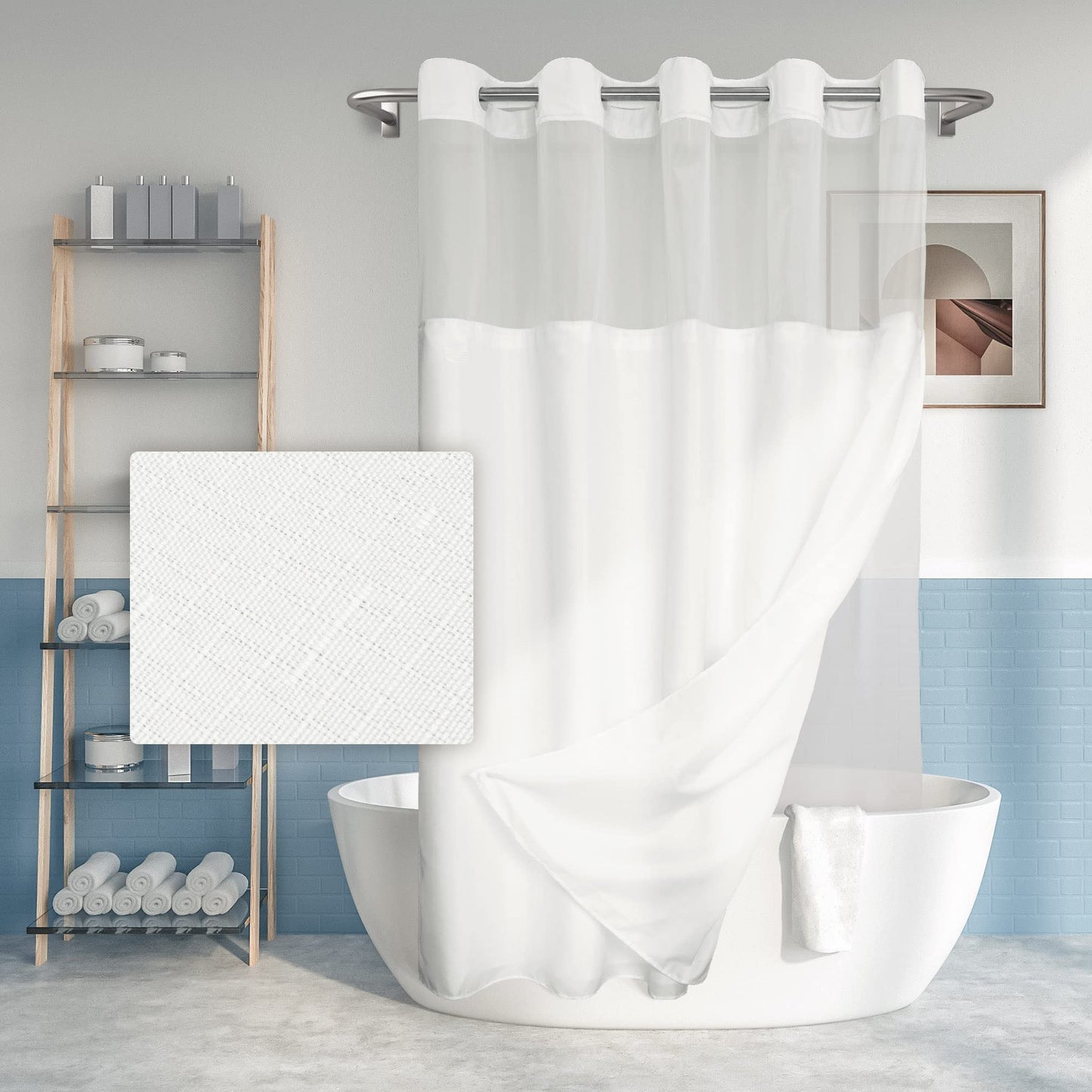 River Dream Long Shower Curtain Hookless Textured with PEVA Liner 71 x 77 Inch Hotel Style with Sheer Window Fabric Curtain and Waterproof Lining