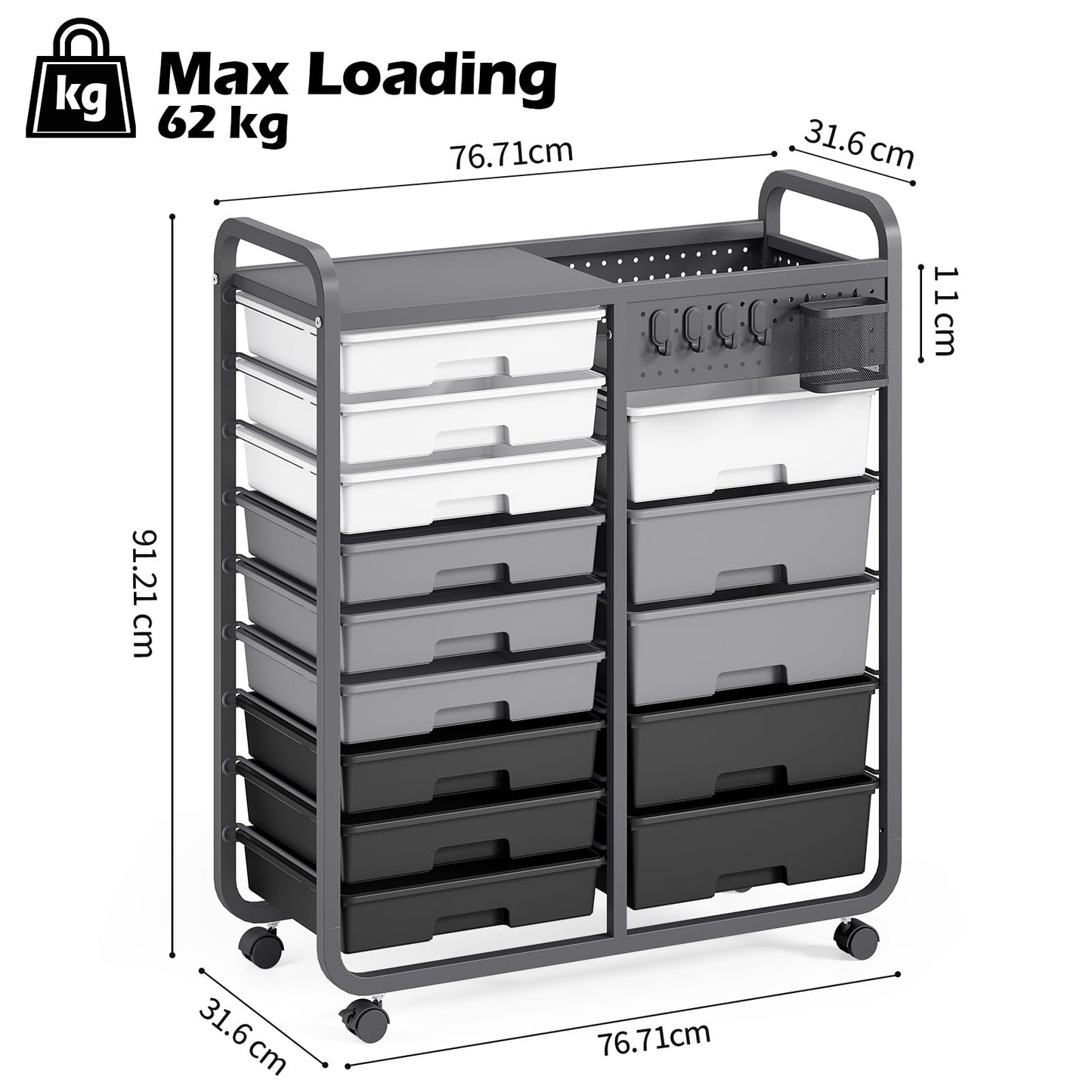Rolling Storage Cart with 14 Drawers, Storage Organizer Cart with Tabletop and Pegboard,Utility Cart for Living Room, Classroom