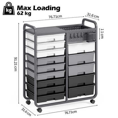 Rolling Storage Cart with 14 Drawers, Storage Organizer Cart with Tabletop and Pegboard,Utility Cart for Living Room, Classroom