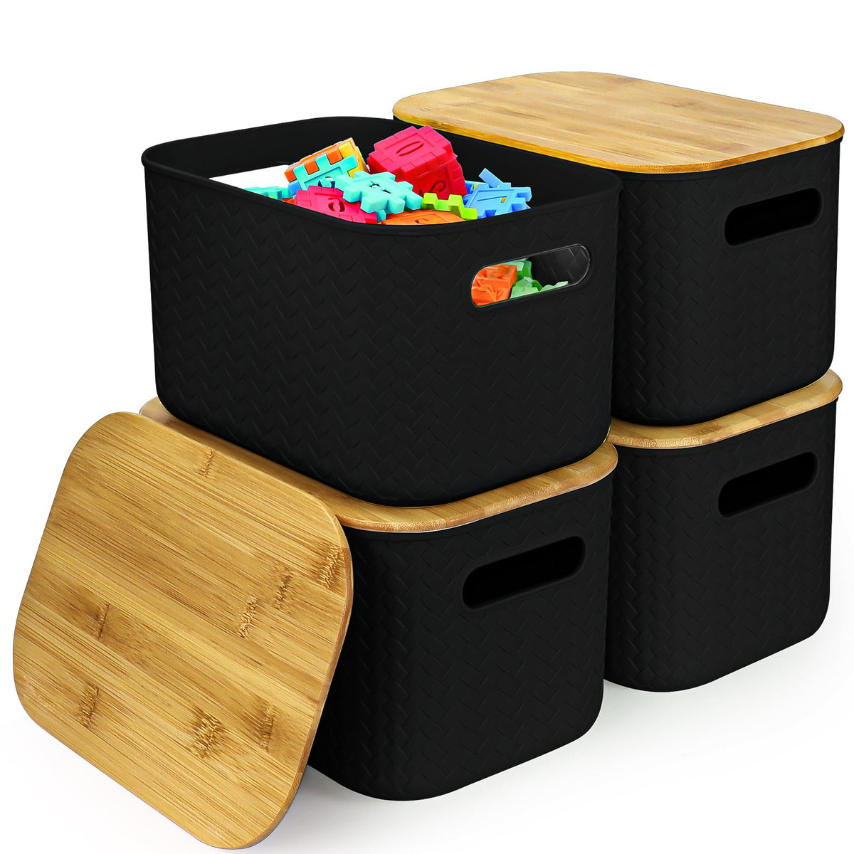 RWFMO 4 Pcs Plastic Black Storage Baskets with Bamboo Lid for Bathroom
