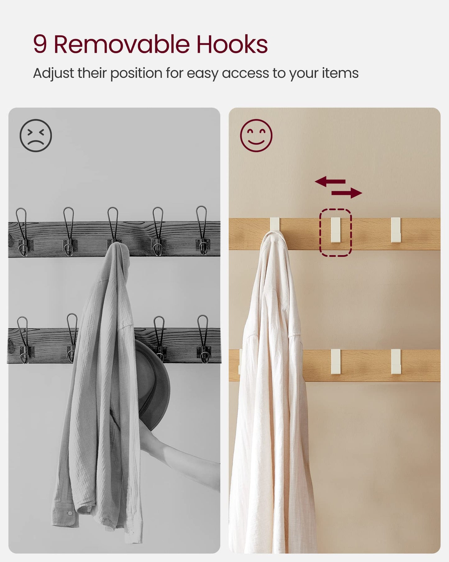 VASAGLE Coat Rack, Coat Stand with Shoe Storage Bench, 4-in-1 Design, with 9 Removable Hooks, a Clothes Rail, for Hallway, Entrance, 34 x 72 x 183 cm,