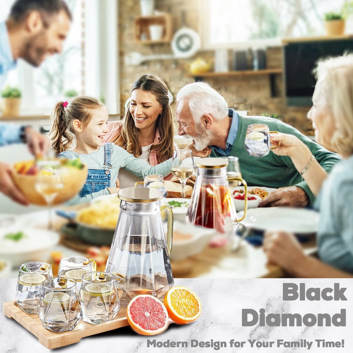 DUJUST Black Diamond Glass Pitcher with 4 Cups, 1 Tray, Elegant Design Water Pitcher with Handle, Decoration for Room, High Durability Water Glass
