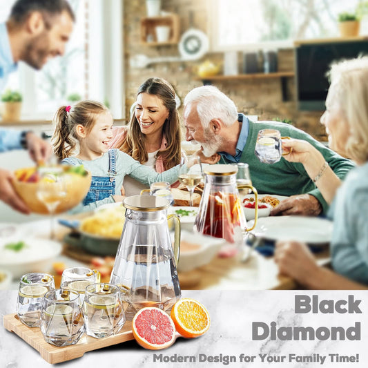 DUJUST Black Diamond Glass Pitcher with 4 Cups, 1 Tray, Elegant Design Water Pitcher with Handle, Decoration for Room, High Durability Water Glass