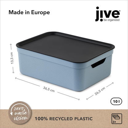 Rotho Jive Dekobox Set of 3 storage box 10l with lid, Plastic (PP recycled), 10l (37.5 x 27.8 x 13.5 cm), Blue