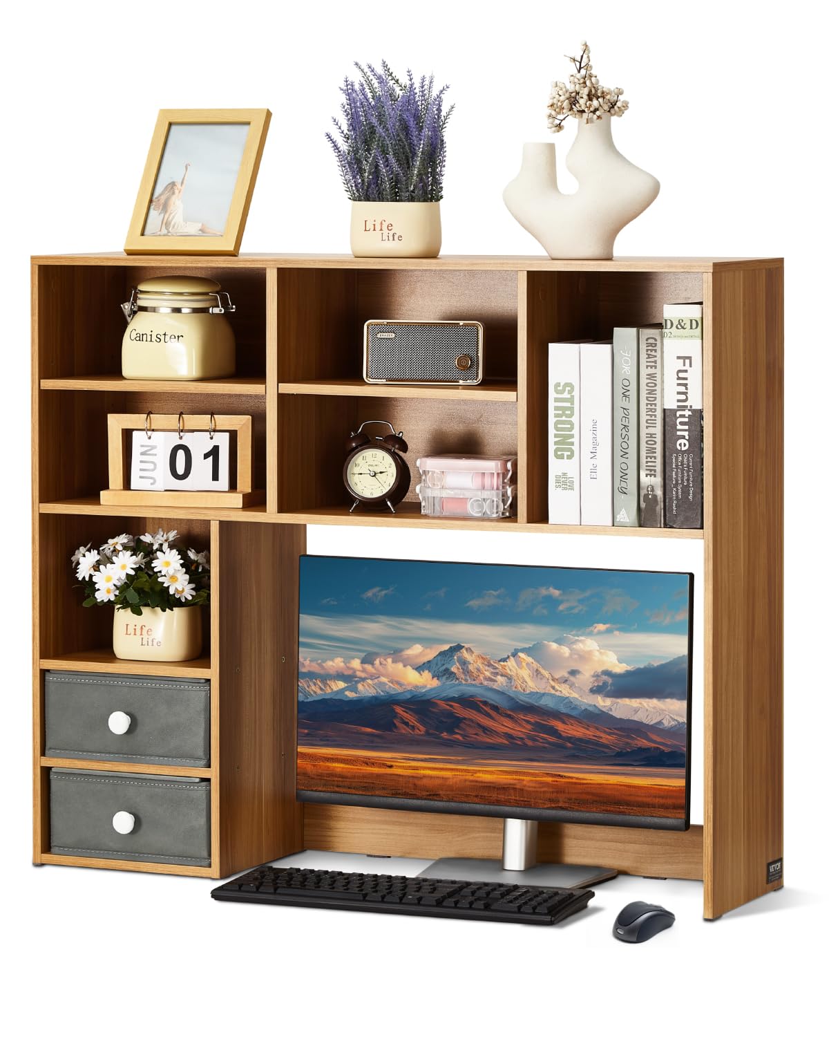 VEVOR Desktop Bookshelf, 3-Tier Wood Desktop Storage Organizer, 37" x 10" x 31.1" Office Storage Rack Wood Display Shelf