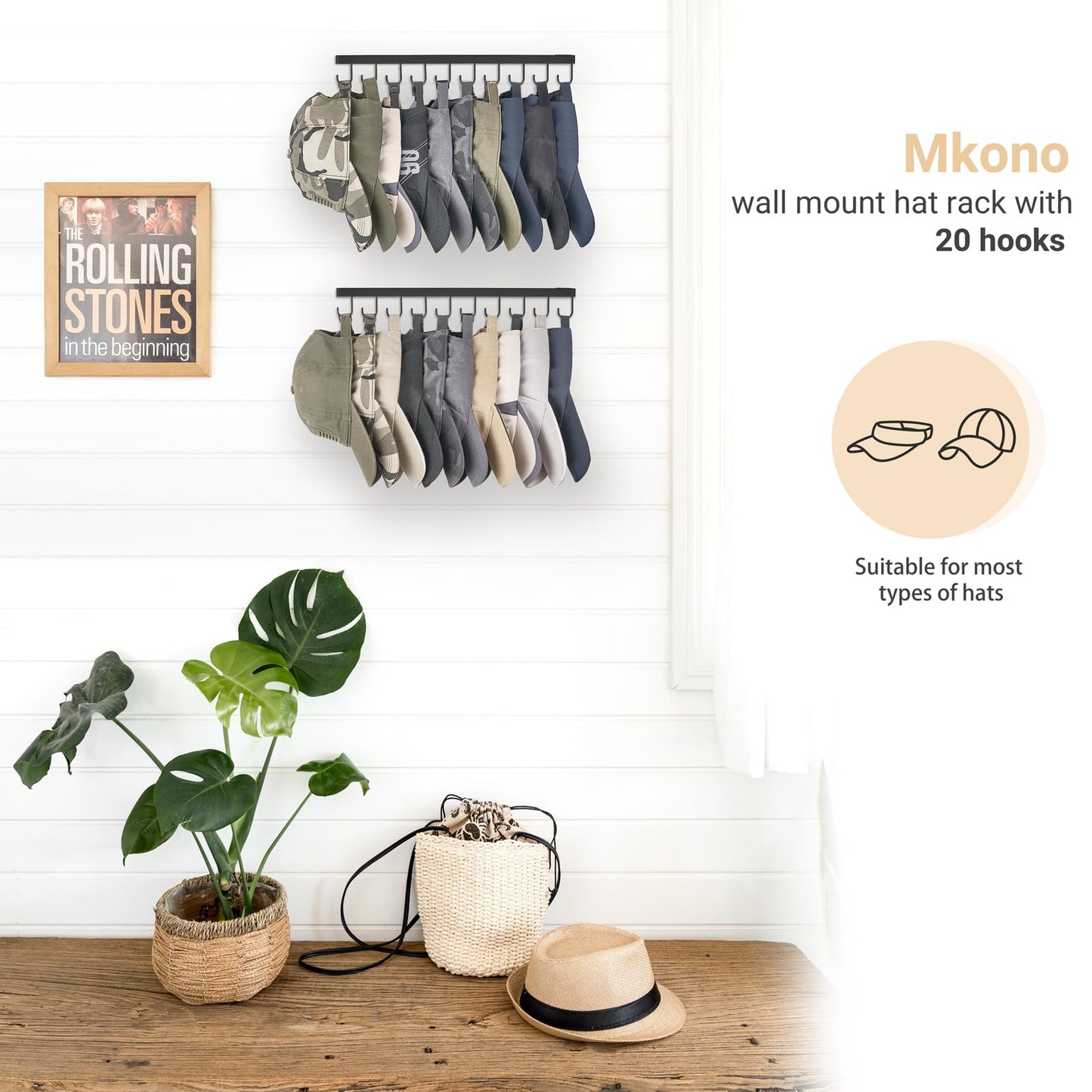 Mkono Hat Rack Wall Mount Set of 2 - Storage Organizer for 20 Baseball Caps, Modern Metal Closet Hooks