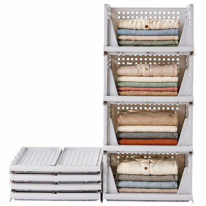 RMAN 4 Pack Wardrobe Storage Organiser Folding Plastic Storage Drawers Stackable Storage Baskets for Bedroom, Office, Kitchen, Bathroom-White