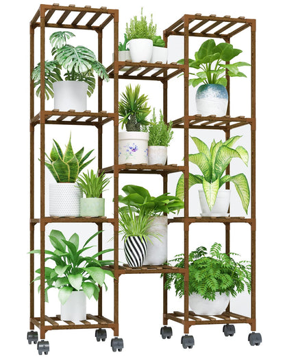 Bamworld Plant Stand With Wheels Indoor Outdoor Wood Plants Shelf for Multiple Plants 11 Pots Tall Large Flower Holder for Living Room Patio Balcony