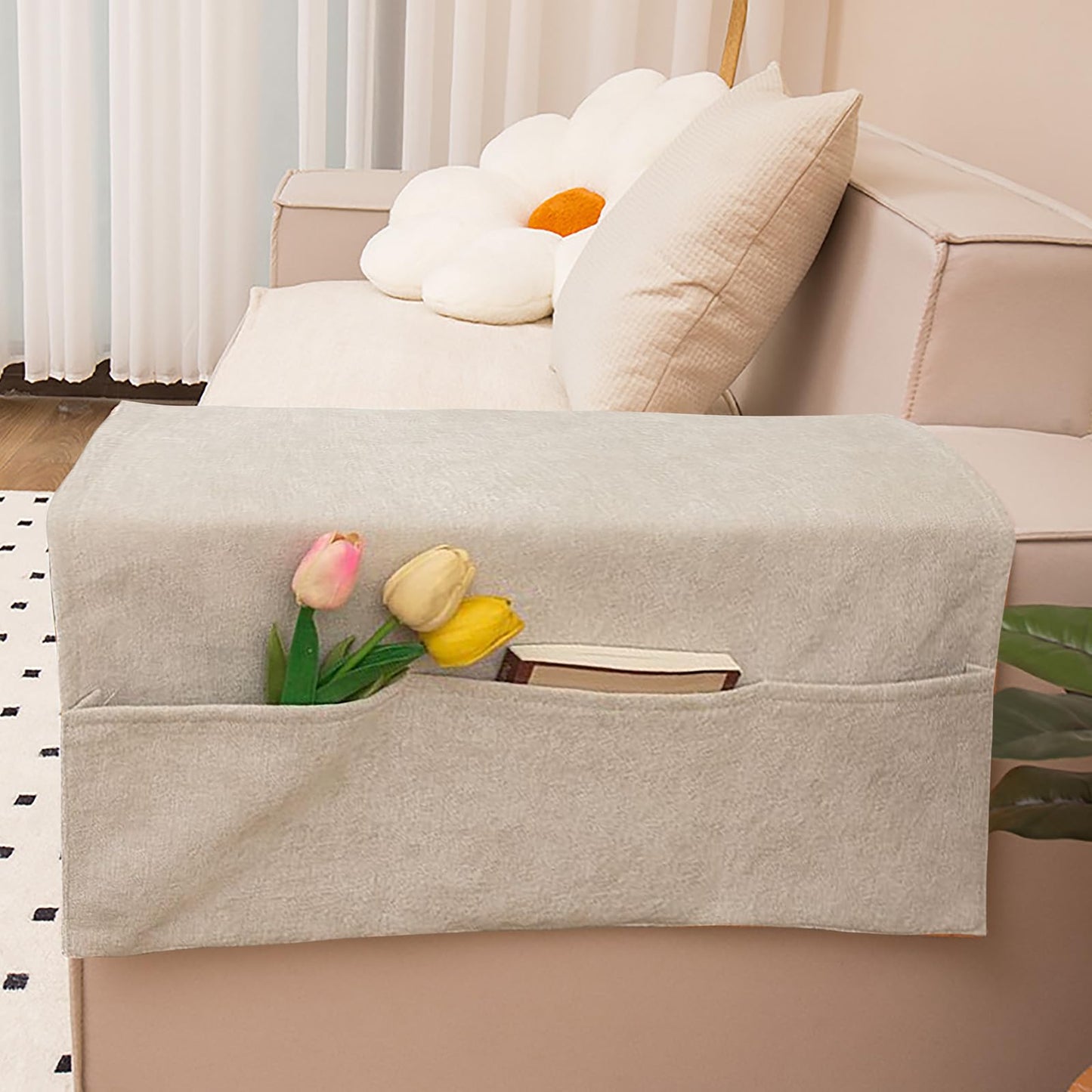 Luxurious Chenille Sofa Armrest Organiser with 3 Side Pockets, Universal Couch Armchair Caddy Storage Bag Pouch Armrest Cover Chair Tidy Table Space