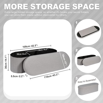 PINPLUS Foldable Oval Ottoman Storage Bench, Grey, 110x38x38 cm