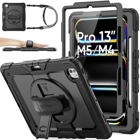 SEYMAC stock Case for iPad Pro 13 inch 2025/2024 (M5/M4), Full-body Shockproof Case with Screen Protector, 360? Rotating Stand/Hand Strap, Pencil