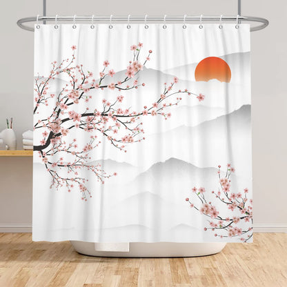 SDOTPMT 165x180cm Asian Cherry Blossom Shower Curtain Japanese Mount Fuji Peach Blossom Branch Bathtub Curtain Sunrise Mist Bathroom curtain for