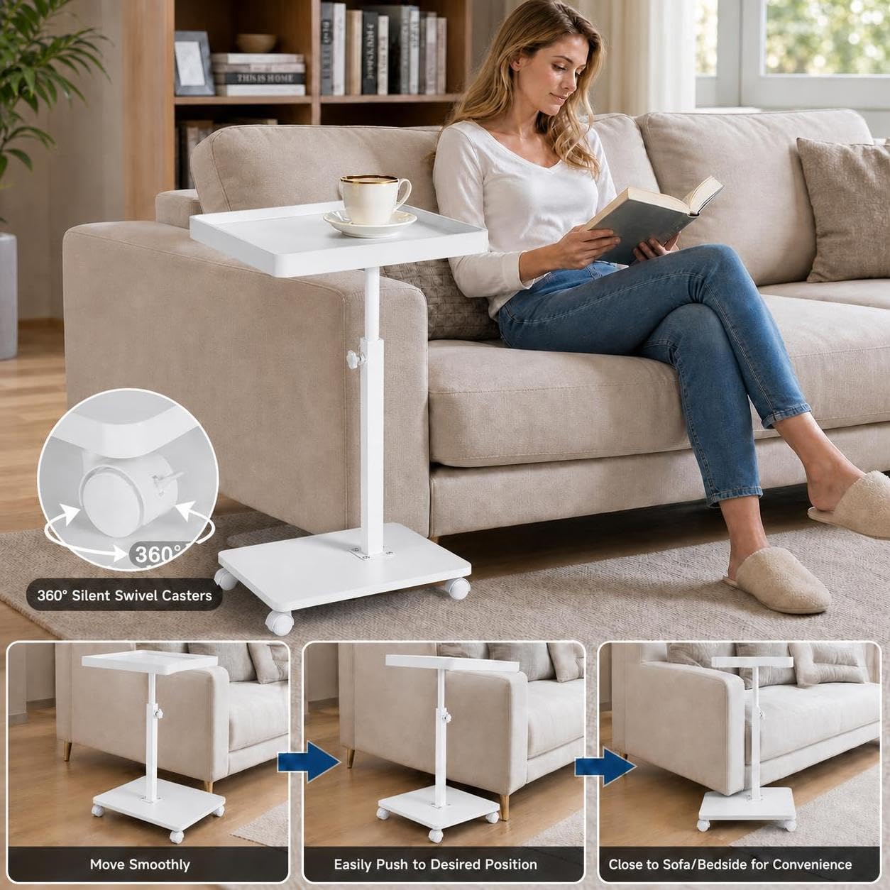 Shilanmei C Shaped Side Table Adjustable Height Wheeled Sofa Table White