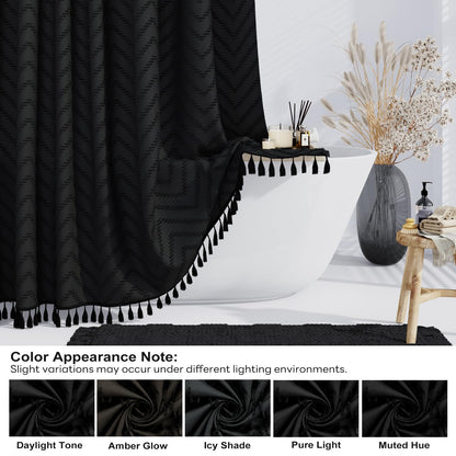 BTTN Narrow Boho Tufted Chevron Shower Curtain, Waterproof, 92x186cm, Black