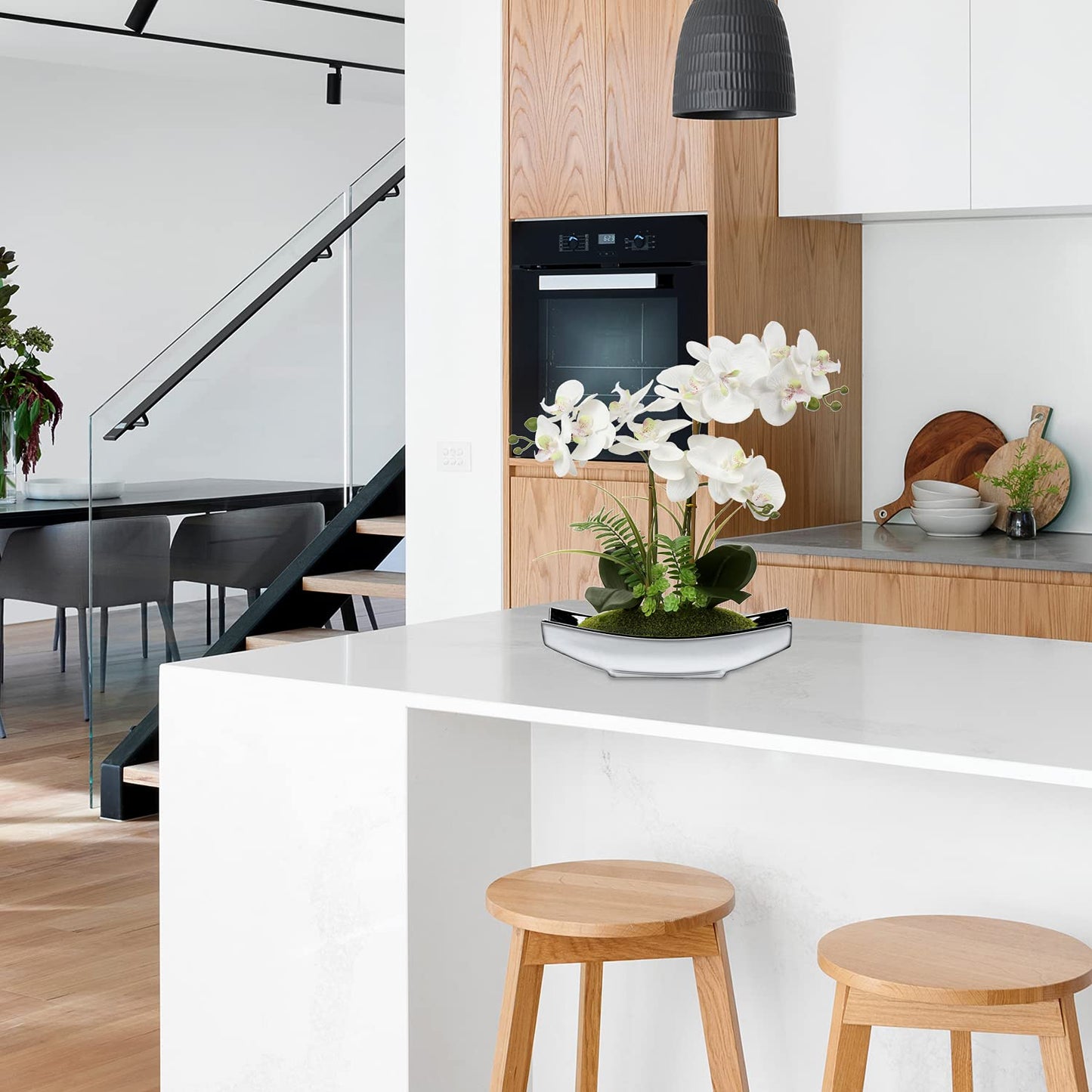 Briful 15" Artificial Phalaenopsis Flowers Arrangement Artificial Orchid Bonsai in Silver Pot Fake Flowers Silk Orchid Flower for Table Centerpieces
