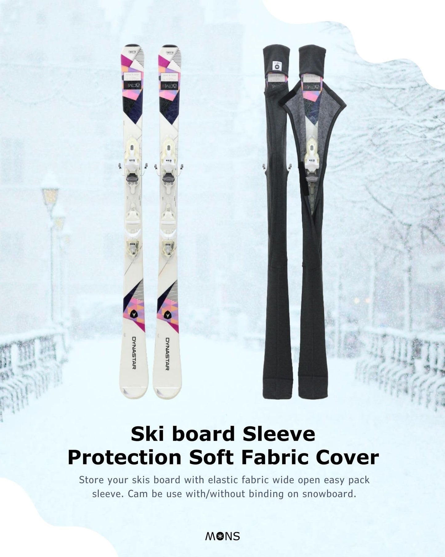 MONS Snow Skis Protection Fabric Soft Sleeve Cover Wide Open Easy Pack (S)