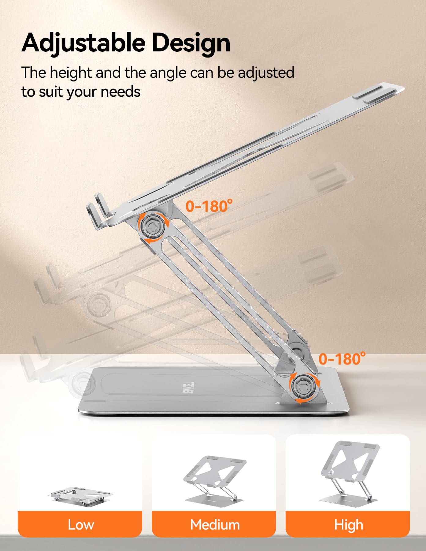 TECKNET Laptop Stand for Desk, Ergonomic Foldable Laptop Riser, Silver