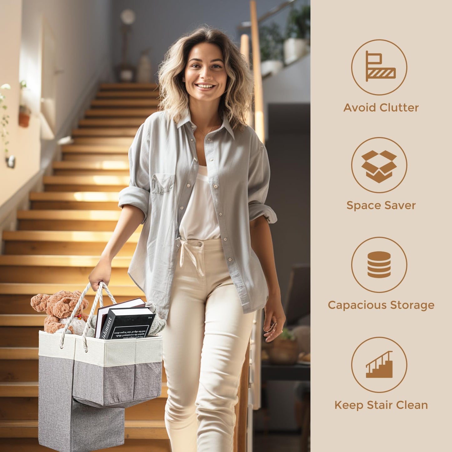 Puricon Flax Basket for Carpeted and Wooden Stairs - Foldable Stair Storage Basket with Handle - Warmgrey, 1 Pack