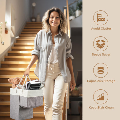 Puricon Flax Basket for Carpeted and Wooden Stairs - Foldable Stair Storage Basket with Handle - Warmgrey, 1 Pack