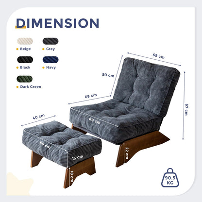 MAXYOYO Corduroy Folding Accent Chair with Footrest, Modern Upholstered Lounge Chair with Adjustable Backrest