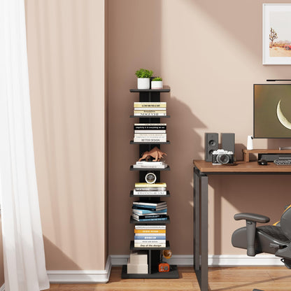 TUTOTAK Vertical Bookshelf, 8-Tier Bookcase, Narrow Spine Book Shelf for Small Space, Corner Standing Shelf for Living Room, Office, Study, Entryway