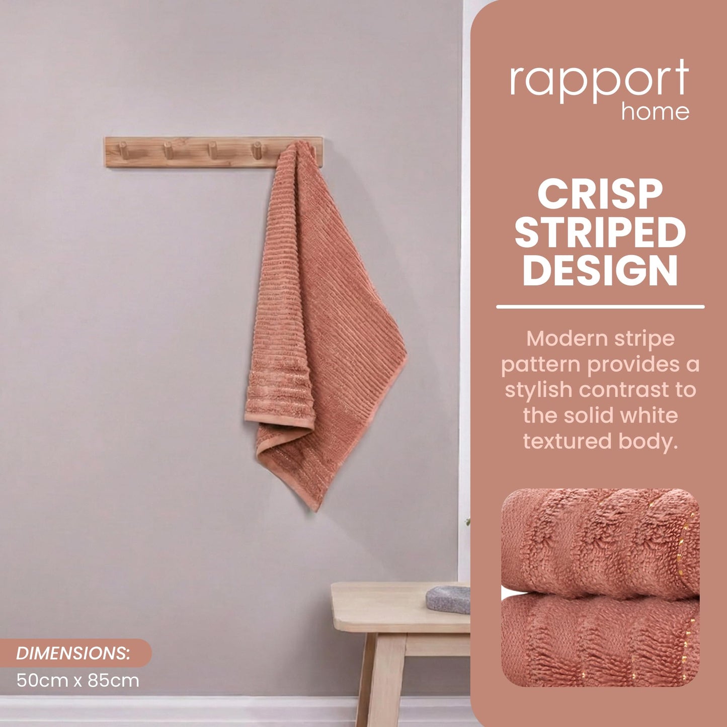 Rapport Home 2-Pack Linear Hand Towels | 50x85cm 100% Cotton 500GSM | Absorbent & Soft Bathroom Towel Set | Oeko-Tex Certified | Rose Red