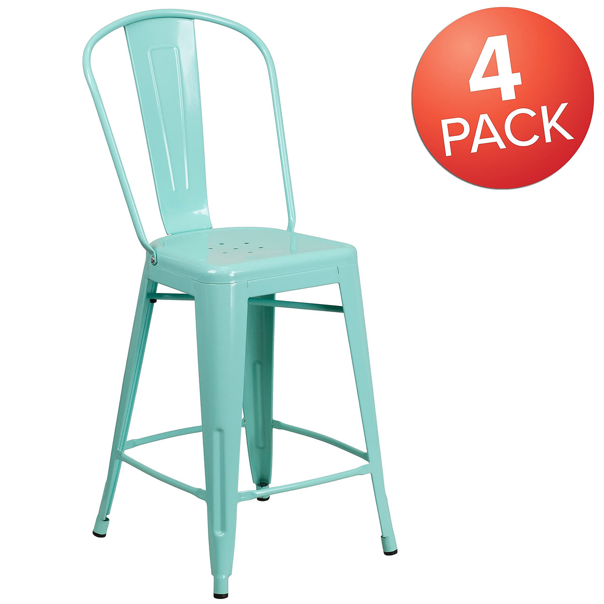 Flash Furniture Blake Commercial Grade 4 Pack 24" High Mint Green Metal Indoor-Outdoor Counter Height Stool with Back