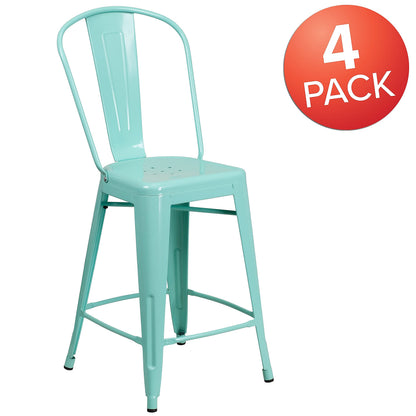 Flash Furniture Blake Commercial Grade 4 Pack 24" High Mint Green Metal Indoor-Outdoor Counter Height Stool with Back