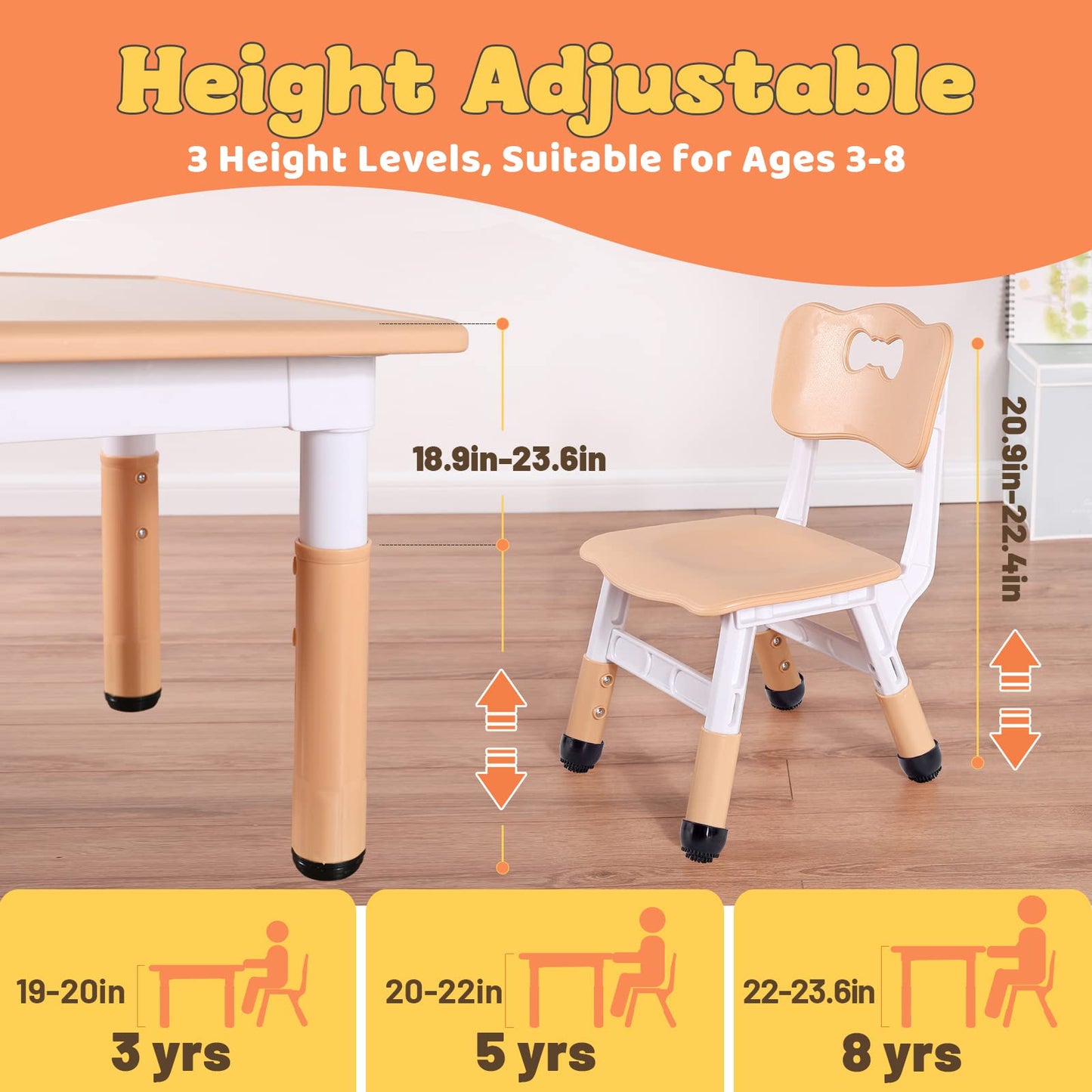 FUNLIO Kids Table and Chair Set, Height Adjustable Toddler Table and Chair Set for Ages 3-8, Easy to Wipe Arts & Crafts Table with 2 Chairs for