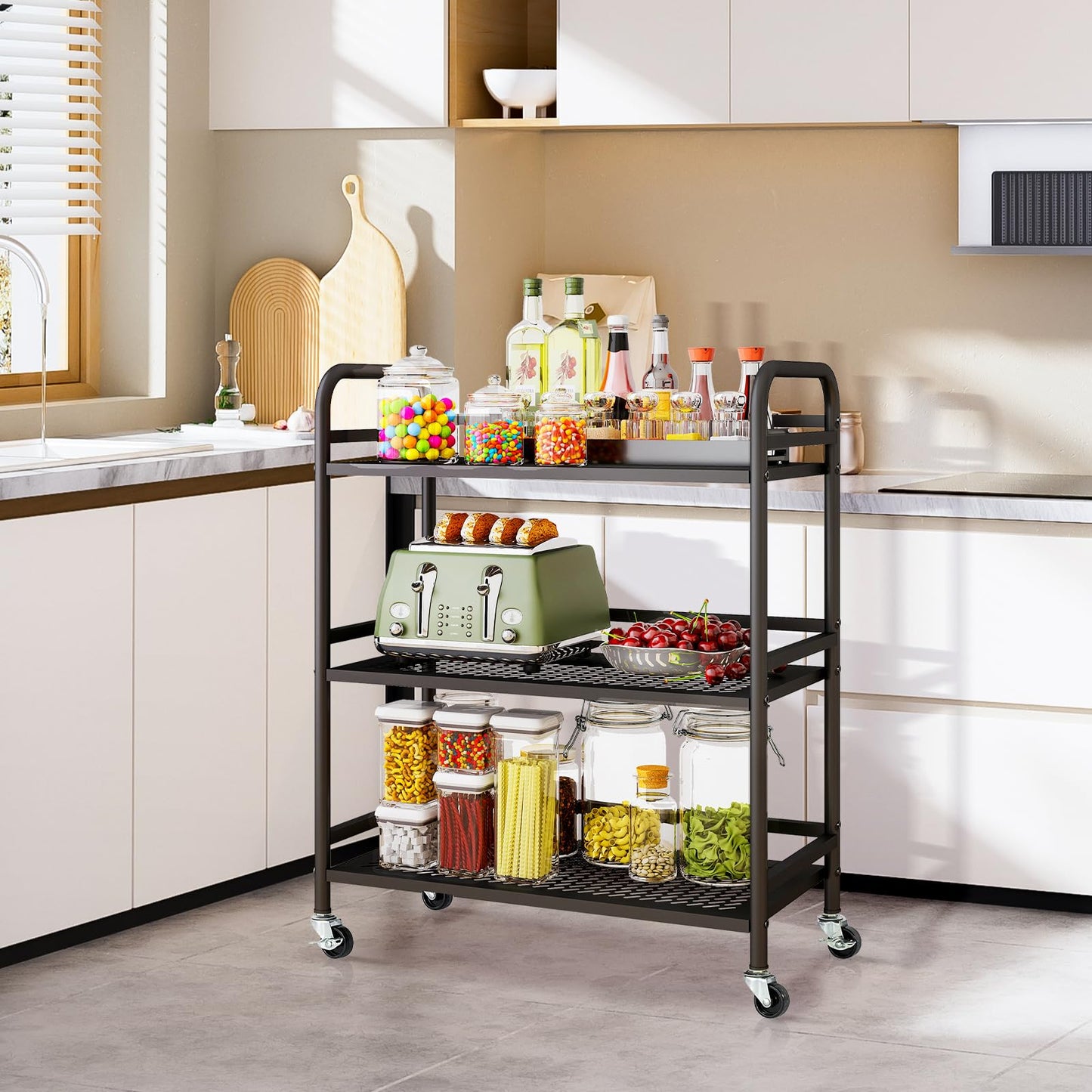 HDANI Serving Trolley,3-Tier Metal Trolley,Black,60x30x75cm Mesh