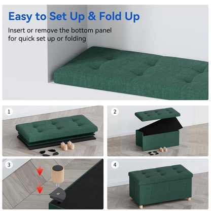 BRIAN & DANY Ottoman Storage Box with 4 Wood Legs, Linen Storage Ottoman for Living Room, Dark Green, 76 x 38 x 38 cm