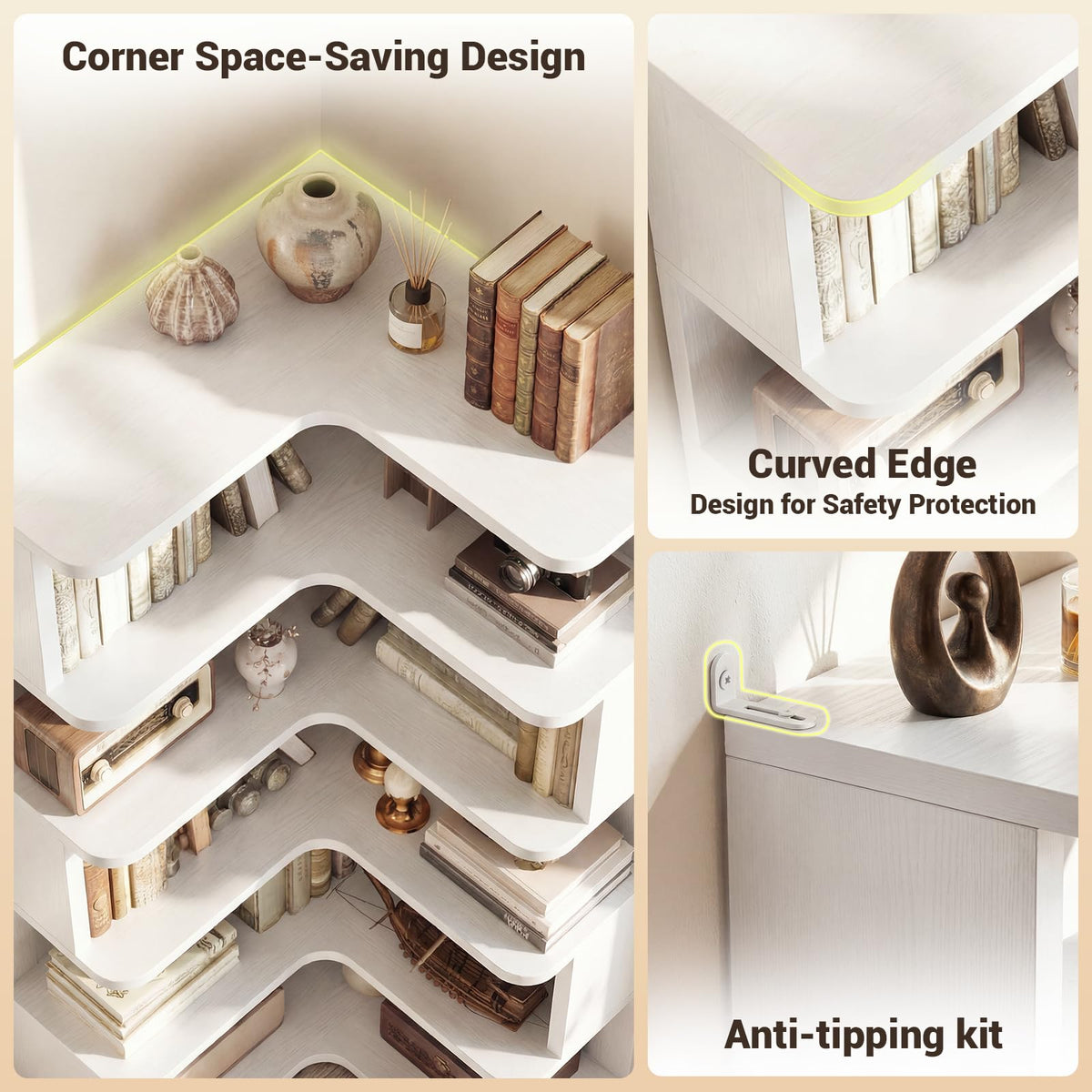 iSunirm 5-Tier Corner Bookshelf, L-Shaped Bookcase, Space-Saving Freestanding Corner Display Shelf Unit for Living Room & Bedroom, 162x60x60cm, White