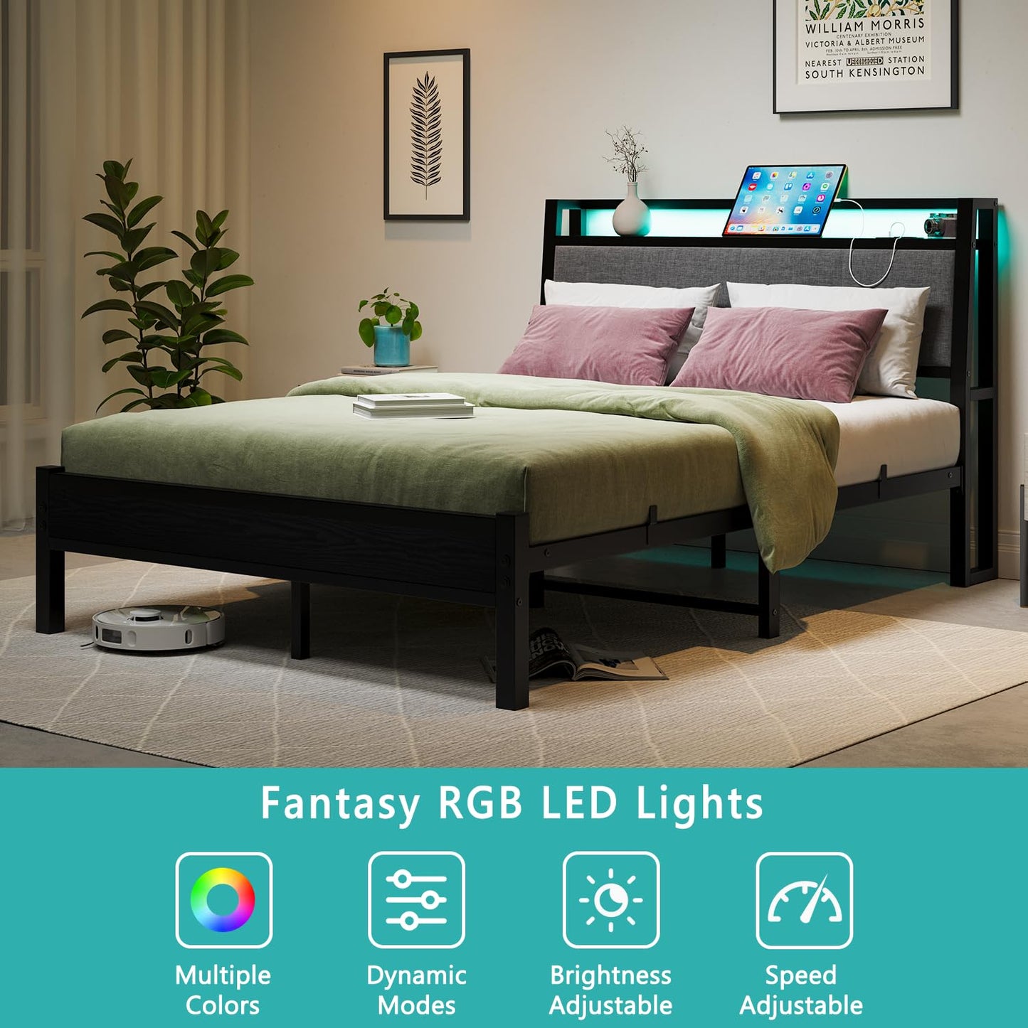 FOUBAM Double Bed Frame, 4FT6 Bed Frame Ergonomics Double with Charging Station and LED Lights