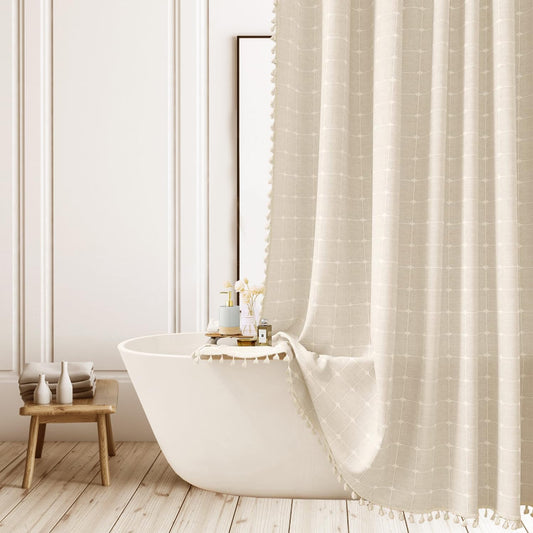 ggaimwf Boho Plaid Shower Curtain Farmhouse Striped Fabric Polyester Linen Shower Curtains for Bathroom Rustic Neutral Bathroom Curtain with Tassel