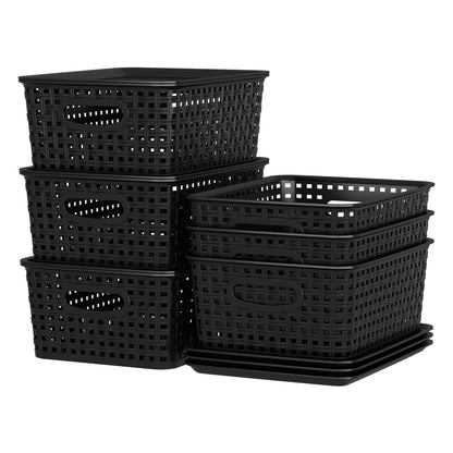 Julyeen Set of 6 Plastic Storage Baskets with Lids, Office Weave Organizer Basket Box, Black