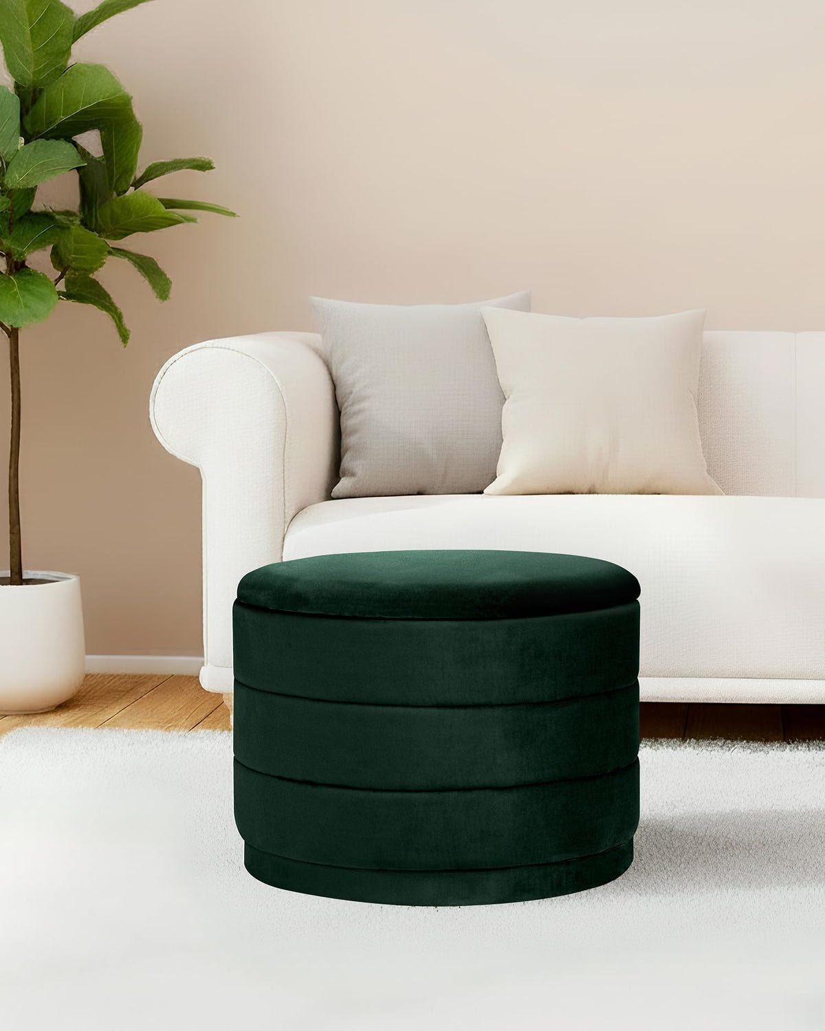 Bonlife Large Storage Ottoman Round - Folding Foot Rest with Hidden Storage, Bottle Green Velvet 58x58x44cm for Living Room, Bedroom & Hallway