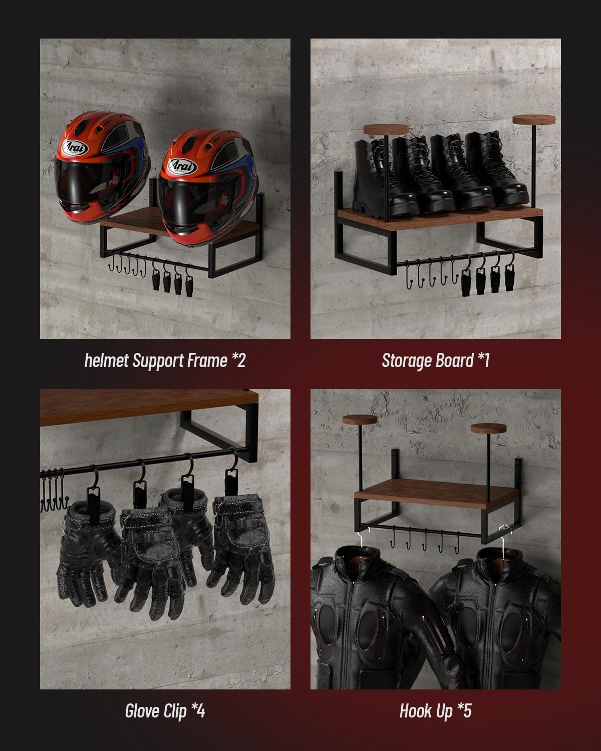 Vieshful Motorcycle Helmet Holder Wall Mount, Helmet Stand with 4 Glove Clips, Helmet Hanger for Motorcycle Accesories Storage