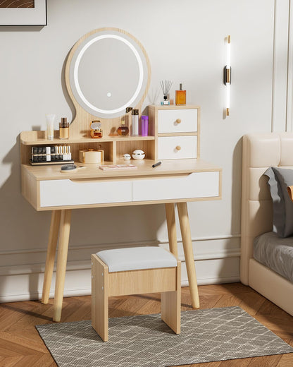 Dressing Table with Round Mirror and Lights, Small Vanity Desk with Stool