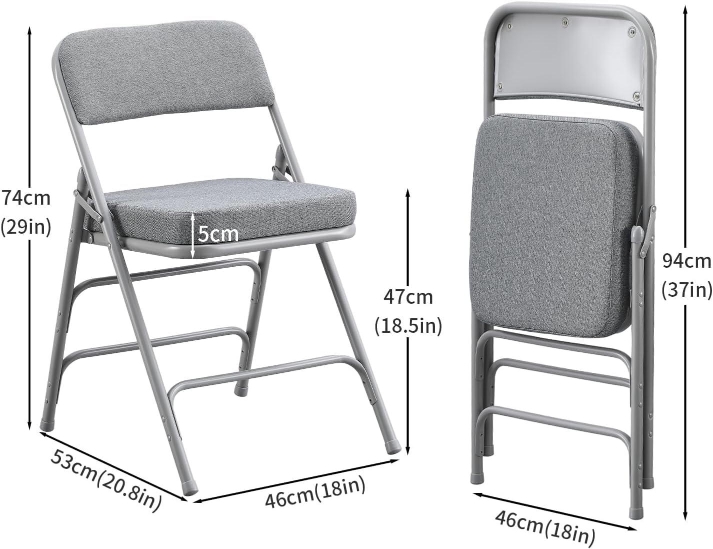 CHAIRABLE Padded Folding Chairs with Thick Cushion, 2 Pack Grey