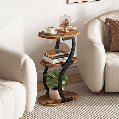 HOOBRO 3-Tier Side Table, Small Table with Storage Shelf, Oval Sofa Table for Small Space, Slim Bedside Table Round Corner Table for Living Room