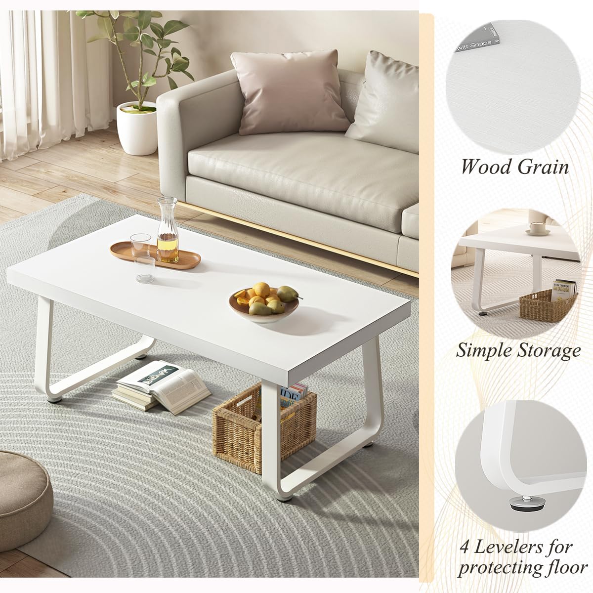 HSH White Oak Coffee Table, 55D×100W×46.5H cm, Rustic Industrial Wooden Coffee Table for Living Room Bedroom Office