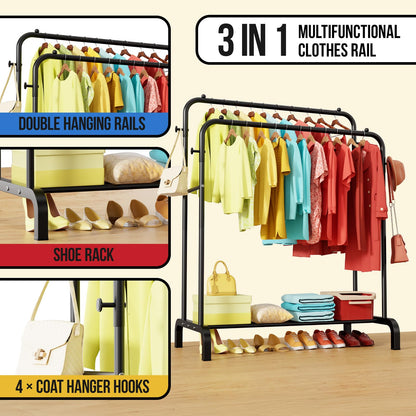 Clothes Rail With Shelves, Double Rods Clothing Rail for Bedroom, Black