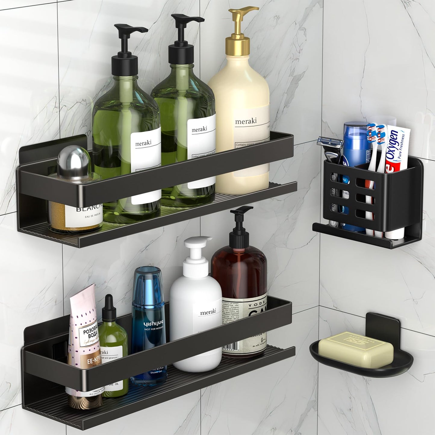 YESENT aluminum shower rack 4-pack, stick-on installation, thickened and sturdy bathroom rack, wall-mounted toothbrush holder, two installation