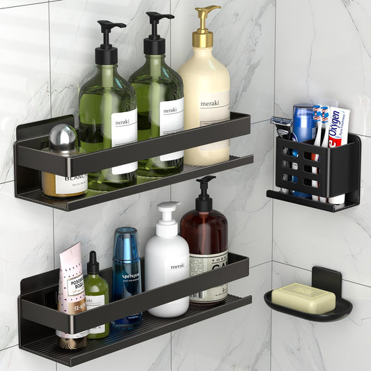YESENT aluminum shower rack 4-pack, stick-on installation, thickened and sturdy bathroom rack, wall-mounted toothbrush holder, two installation