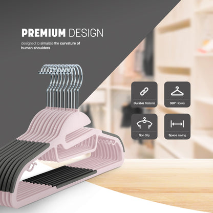 KEPLIN 50-Pack Non-Slip Hangers – Durable, Slimline Design for Space Saving with 360° Swivel, Tie Organiser, Strap Hooks, and S-Shape Opening - Blush