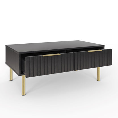 GFW Nervata Coffee Table, Black Coffee Table with 2 Drawers, Art Deco Style Living Room Table with Gold Accents and Wood Grain Texture