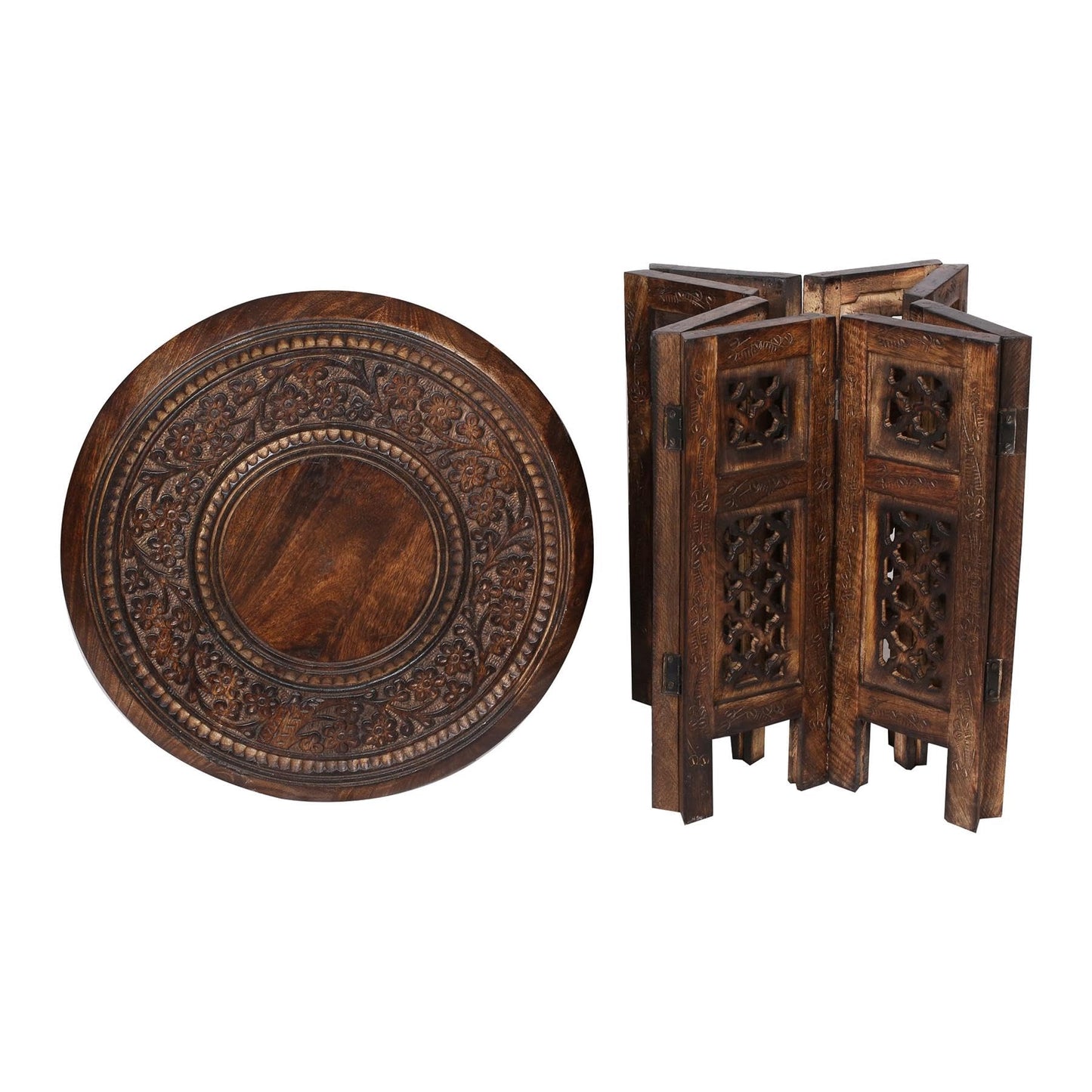 topfurnishing Beautiful Round Hand Carved Indian Wooden Coffee Table [Maghony,Large 18"x18"x18" 45.7cm]