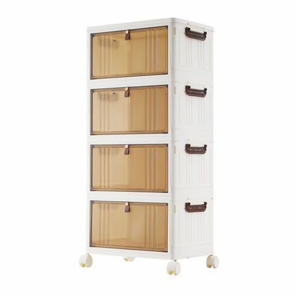 BARGAIN FACTORY 4-Tier Stackable Storage Boxes with Lids - Folding Plastic Storage Bins Unit on Wheels with Brakes